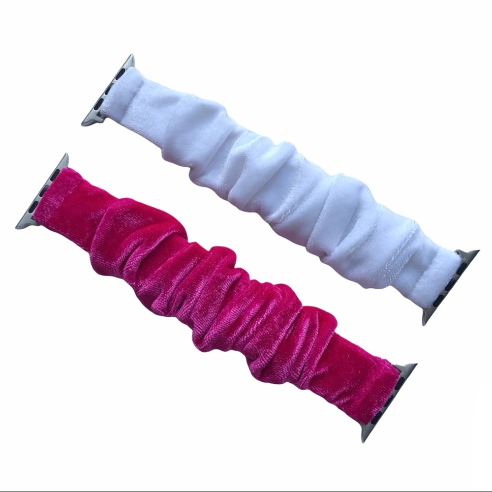 NEW 2 VELVET Scrunchies Bands Apple Watch 44/45mm L Pink White Elastic